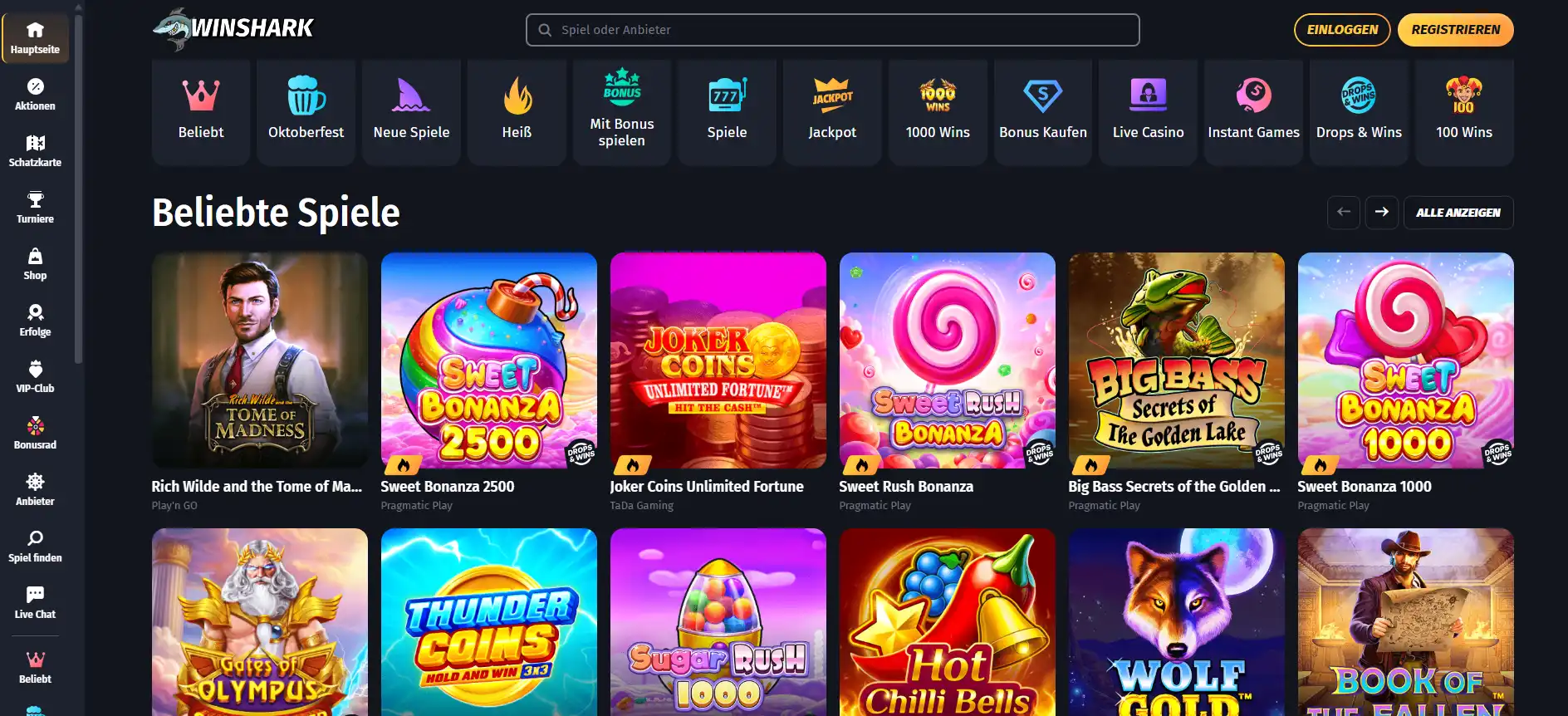 Startseite von WinShark Casino mit Navigationsmenü