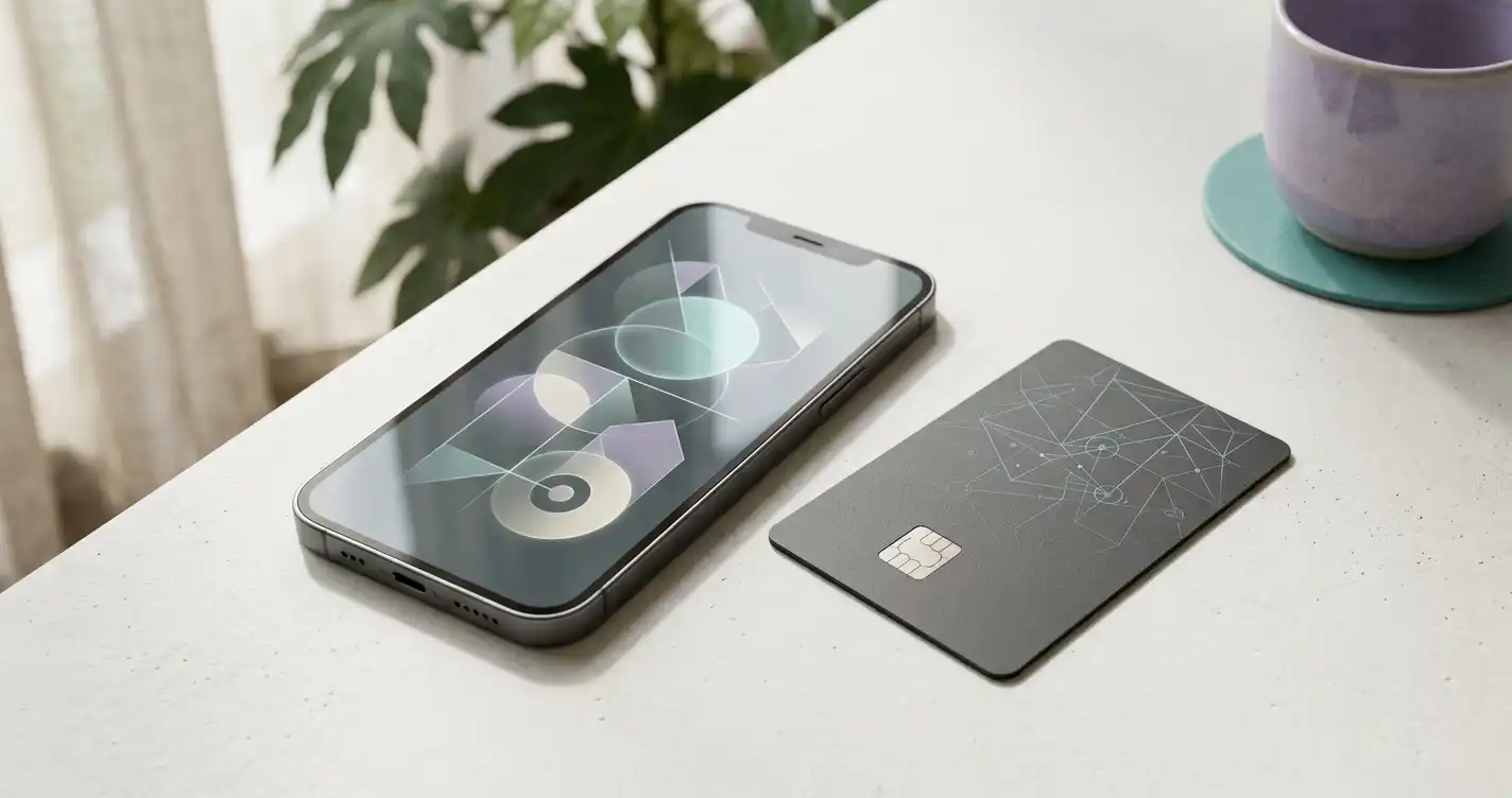 Bankkarte und Smartphone neben einer Grafik zu digitalen Zahlungen