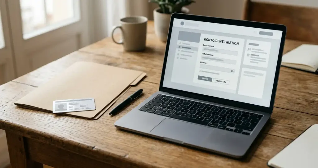 Laptop mit Kontoformular und Ausweiskarte auf einem Schreibtisch