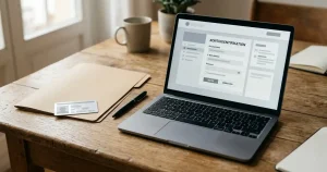 Laptop mit Kontoformular und Ausweiskarte auf einem Schreibtisch
