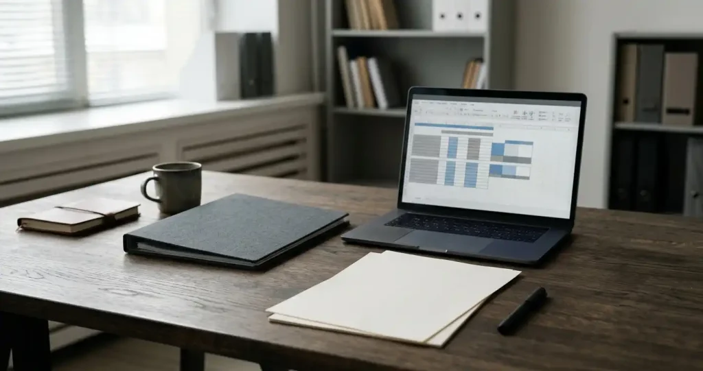 Unterlagen und Laptop mit einer schematischen Tabelle auf einem Schreibtisch