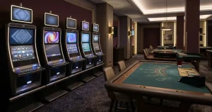 Spielautomaten, Blackjack-Tisch und Roulettekessel in einem Casino