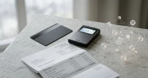 Bankkarte und Kartenlesegerät neben einer Darstellung eines digitalen Netzwerks